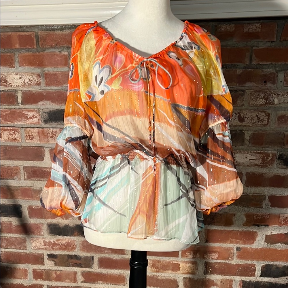 CACHE 100% Silk 3/4 Sleeve Shear Blouse Top Shirt Multicolor